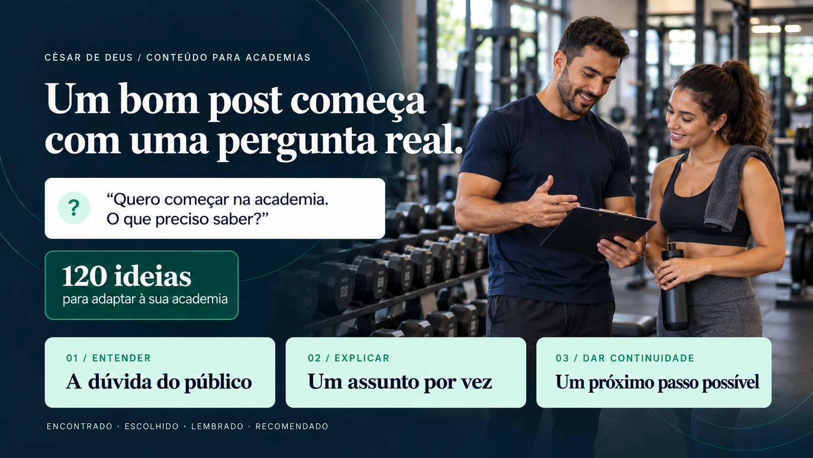 Capa: 120 ideias de conteúdo para academias, com foto ilustrativa gerada por IA.