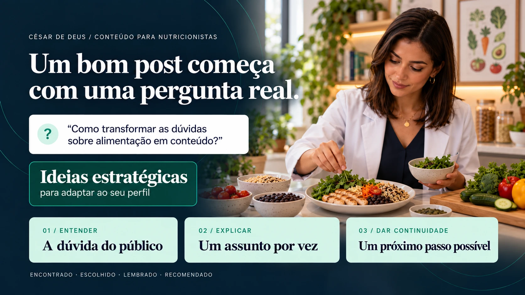 Cena ilustrativa gerada por IA: nutricionista com alimentos e material educativo.