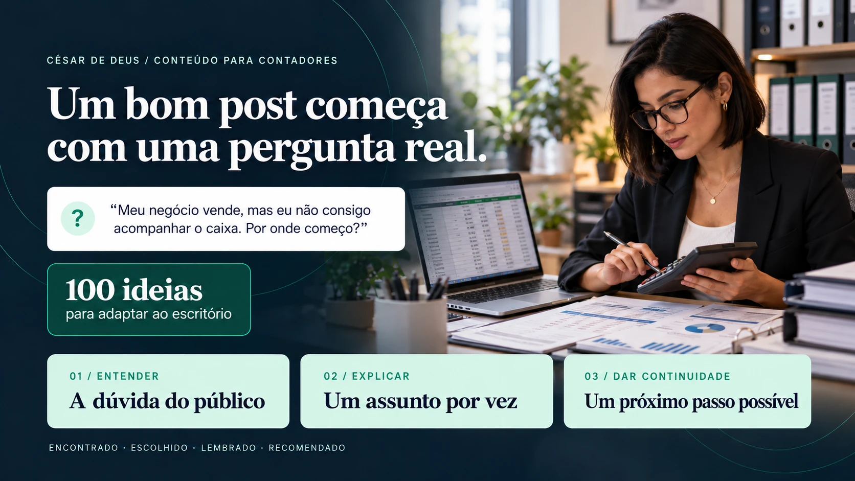 Capa de conteúdo para contadores: contadora com calculadora e planilhas, em cena ilustrativa gerada por IA.