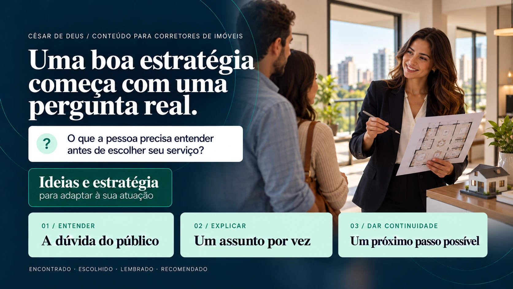 Capa de estratégia e conteúdo — corretor. Cena profissional ilustrativa gerada por IA.