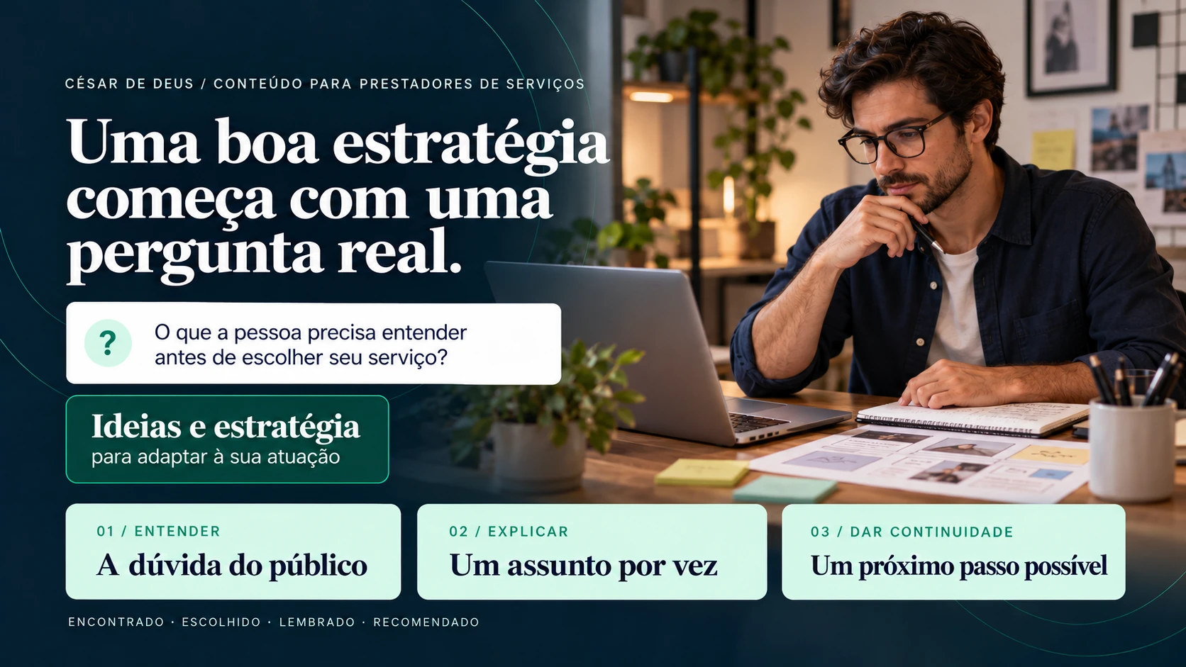 Capa de estratégia e conteúdo — digital. Cena profissional ilustrativa gerada por IA.