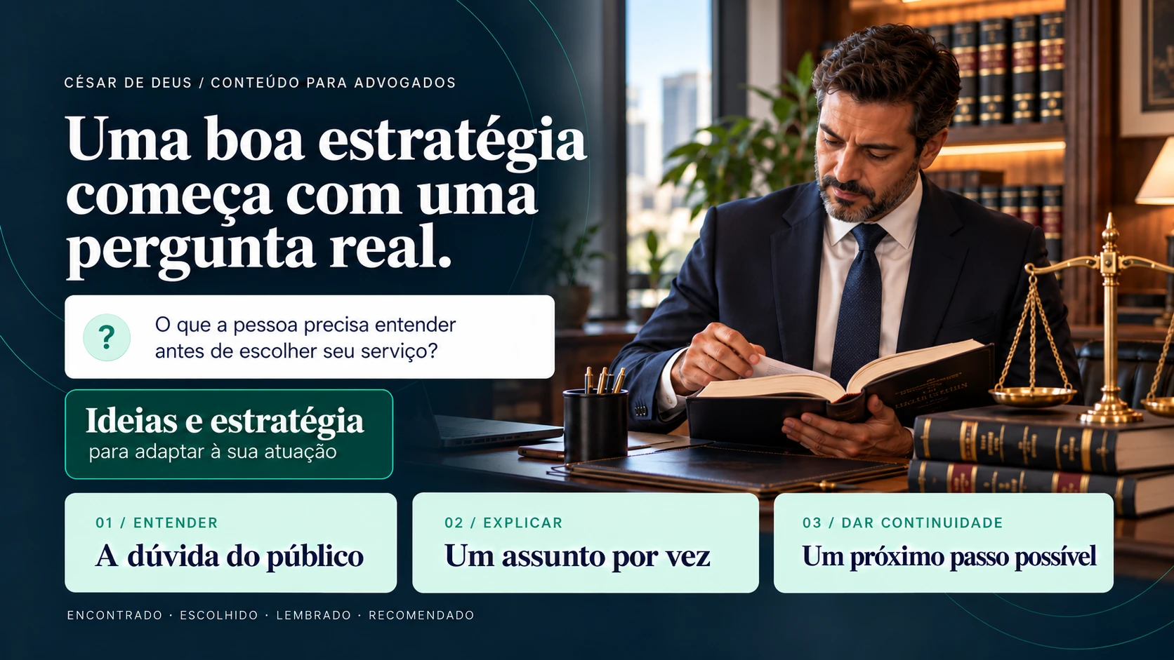 Capa de estratégia e conteúdo — juridico. Cena profissional ilustrativa gerada por IA.