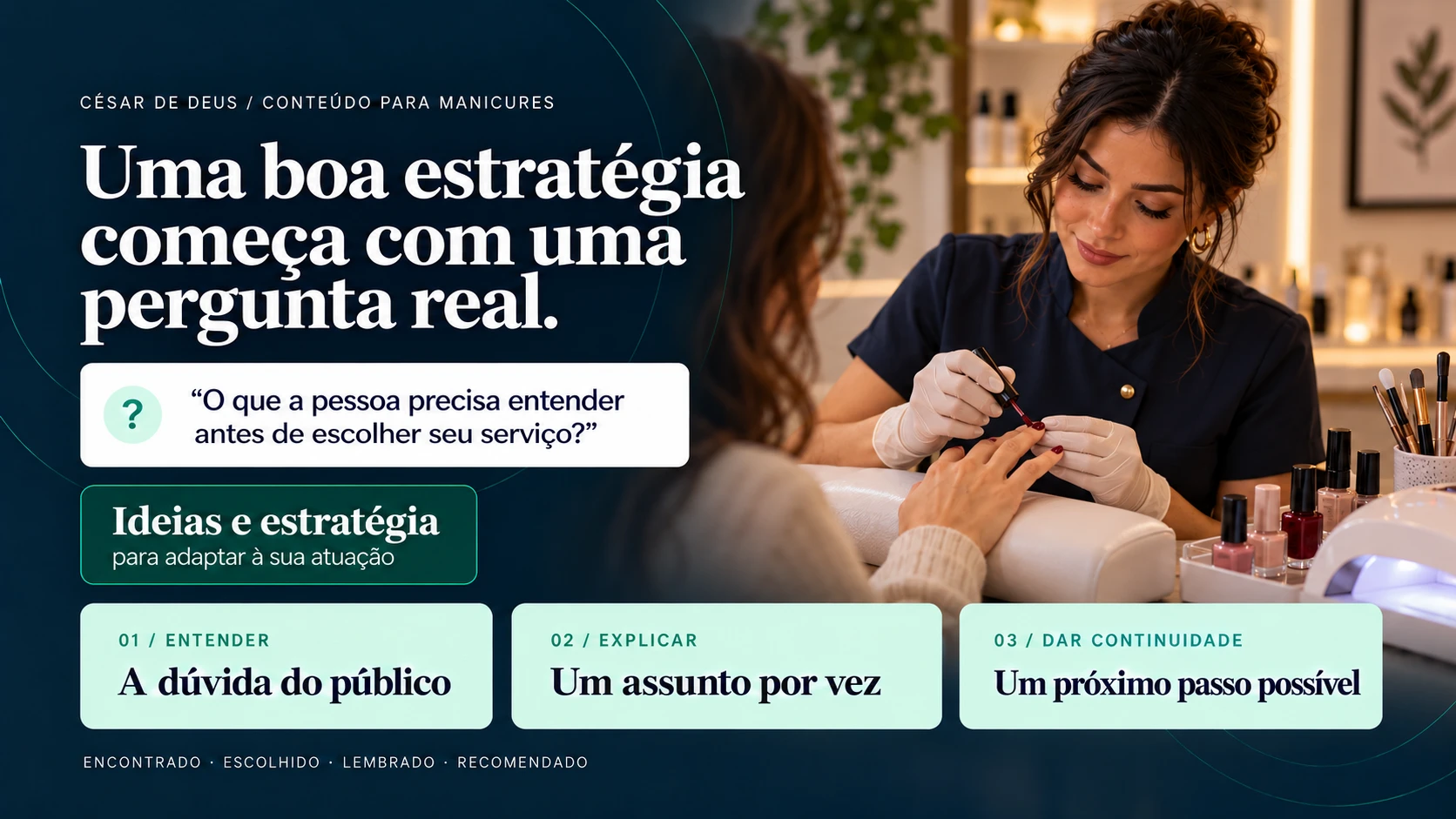 Capa de estratégia e conteúdo — manicure. Cena profissional ilustrativa gerada por IA.
