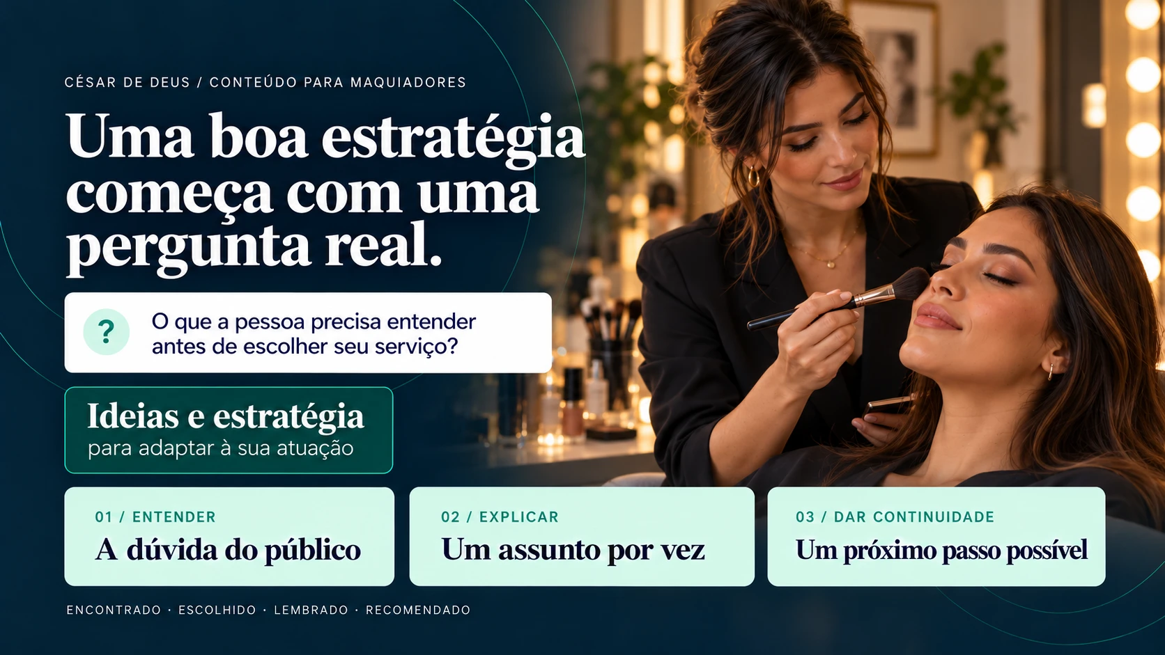 Capa de estratégia e conteúdo — maquiagem. Cena profissional ilustrativa gerada por IA.