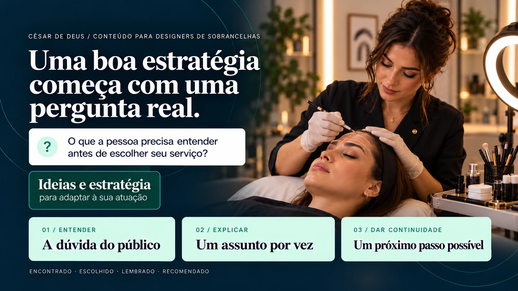 Capa de estratégia e conteúdo — sobrancelhas. Cena profissional ilustrativa gerada por IA.