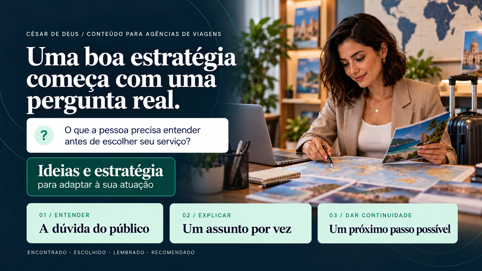 Capa de estratégia e conteúdo — viagens. Cena profissional ilustrativa gerada por IA.